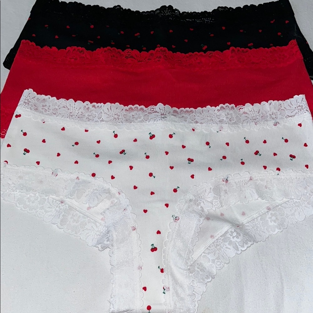 Women's Lace Trimmed Panties Set - Black, Red, White Ribbed